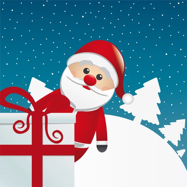 Santa behind gift white winter landscape — Stock Vector