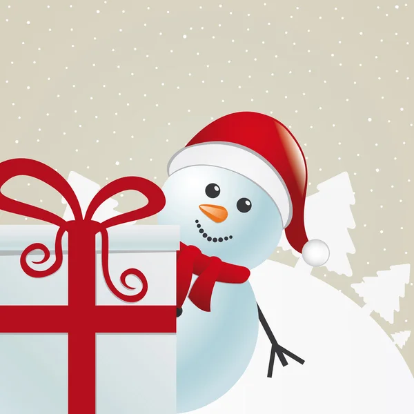 Сніговик за подарунком білий зимовий пейзаж — стоковий вектор