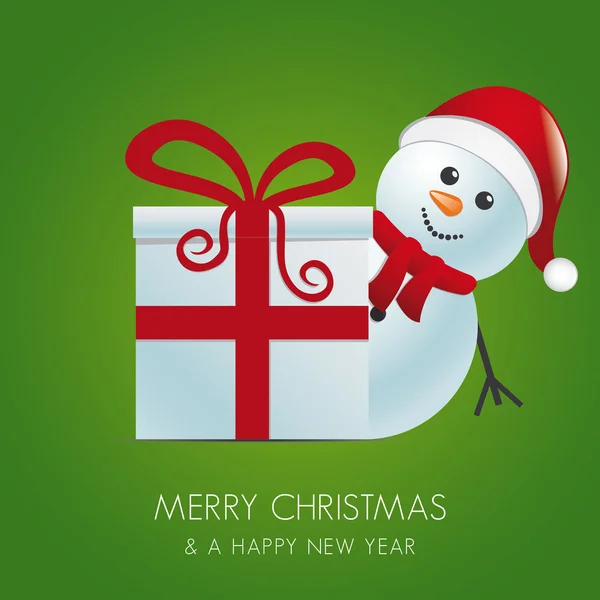 Snowman with santa hat behind gift box — Stock Vector