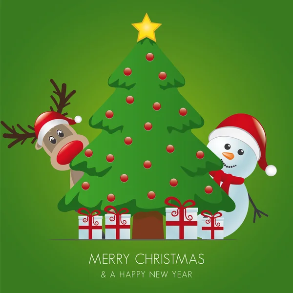 Reno y muñeco de nieve detrás de los regalos del árbol de Navidad — Vector de stock