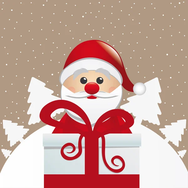 Santa detrás de la caja de regalo paisaje de invierno blanco — Vector de stock
