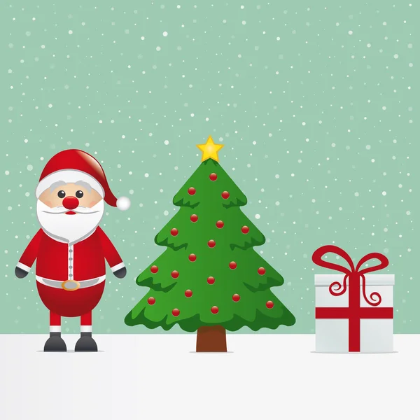 Papai Noel presente e árvore de Natal nevado — Vetor de Stock
