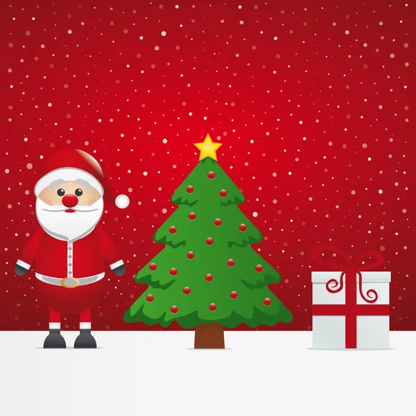 Santa claus δώρο και χιονισμένο χριστουγεννιάτικο δέντρο — Διανυσματικό Αρχείο