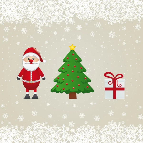 Santa Claus regalo y árbol de Navidad nevado — Vector de stock