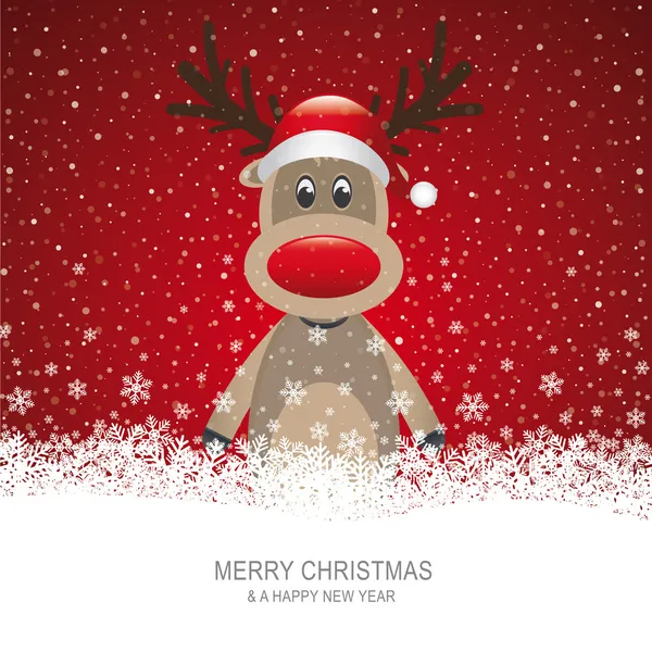 Ren geyiği ile kırmızı şapka kar tanesi arka plan kar