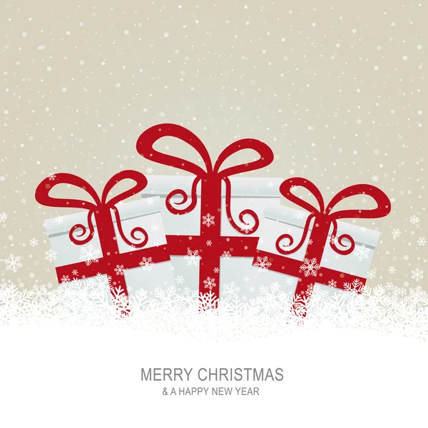 Kerstmis geschenkdozen op besneeuwde bruine achtergrond — Stockvector