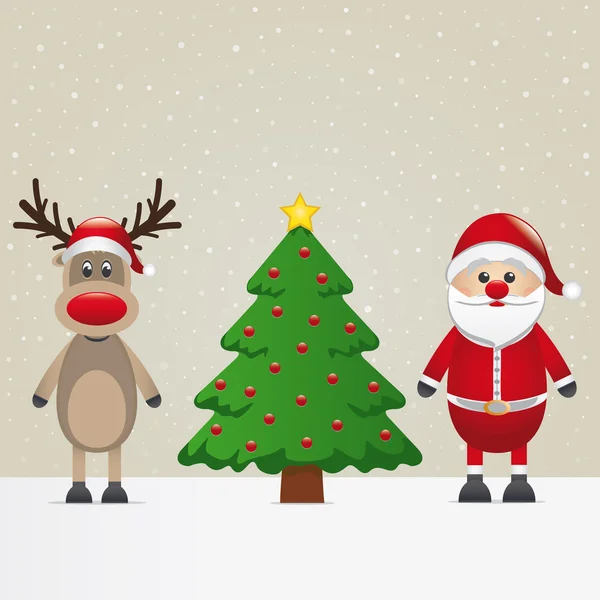 Reno de Santa Claus y árbol de Navidad nevado — Vector de stock