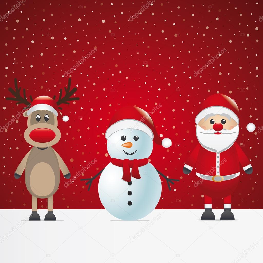 Santa claus reindeer and snowman winter snowy