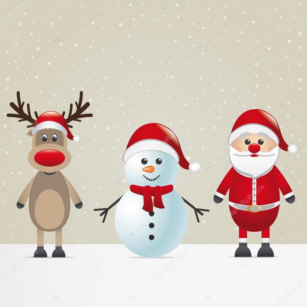 Santa claus reindeer and snowman winter snowy