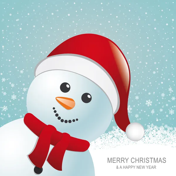 Sneeuwpop rode hoed sneeuw sneeuwvlok blauwe achtergrond — Stockvector