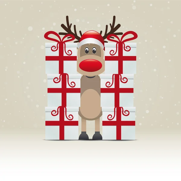 Reindeer behind gift stack snowy winter background — Stock Vector