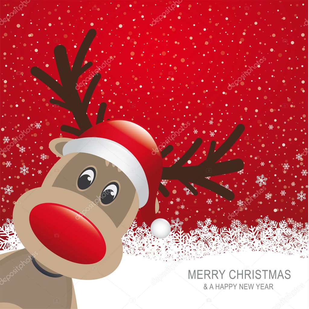 Reindeer red hat snow snowflake white background