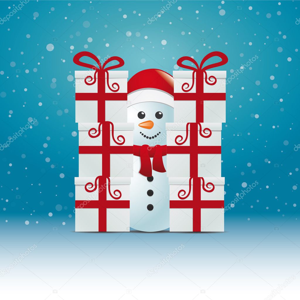 Snowman behind gift stack snowy winter background