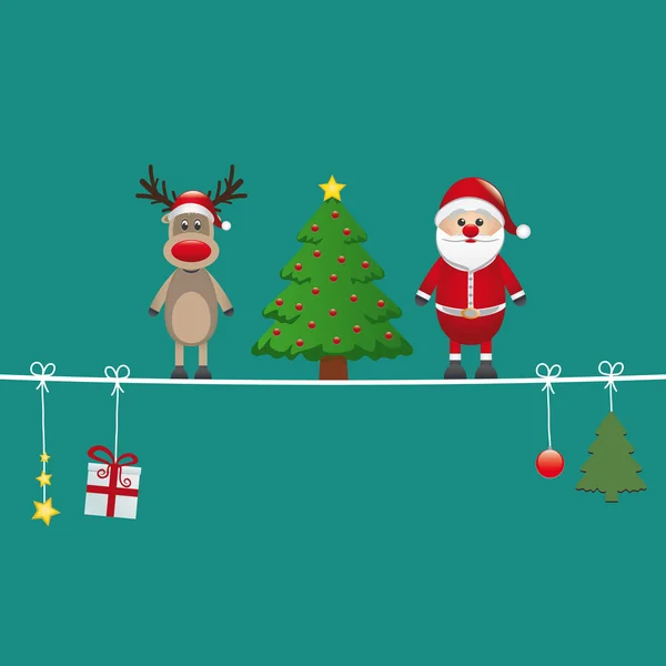 Santa reindeer tree on twine green background — Stock Vector