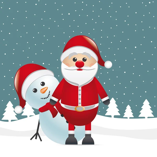Kardan adam kırmızı burun bak Noel Baba — Stok Vektör