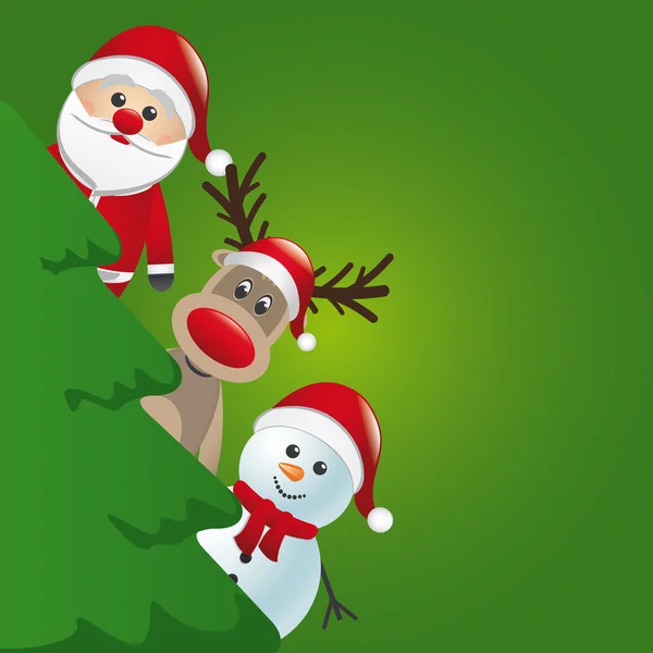 Télapó rénszarvas és a hóember, karácsonyfa mögött — Stock Vector