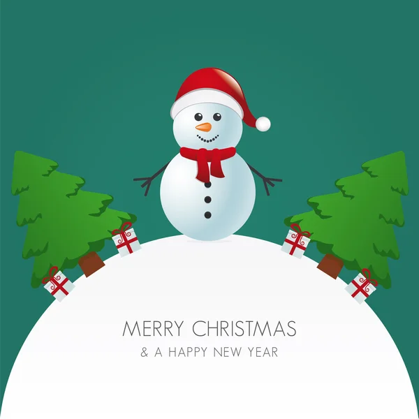 Cappello pupazzo di neve albero di Natale e regalo mondo — Vettoriale Stock