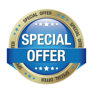 Özel Fırsat izole mavi altın düğme arka plan