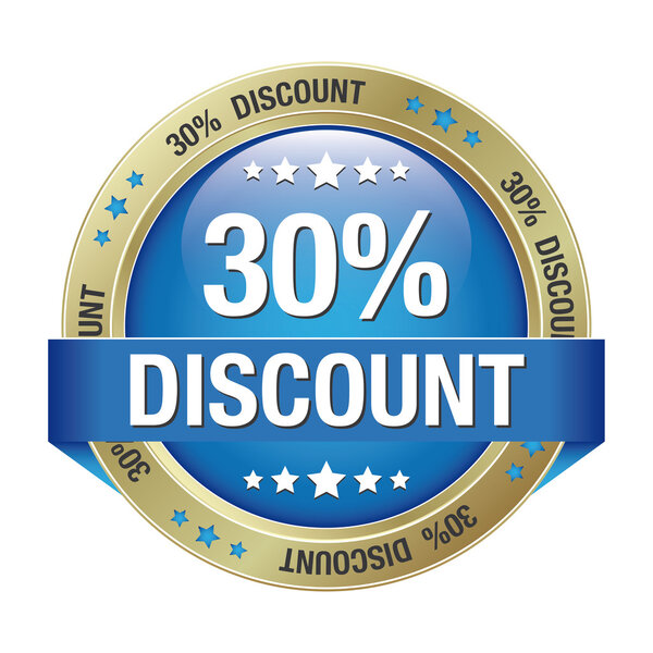 30 скидка синяя кнопка золота изолированный фон
