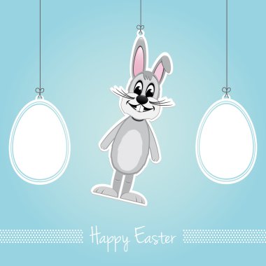 Mutlu Paskalya gri tavşan yumurta arka plan mavi