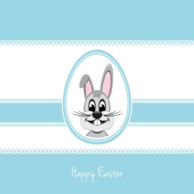 Mutlu Paskalya tavşanı beyaz yumurta mavi arka plan