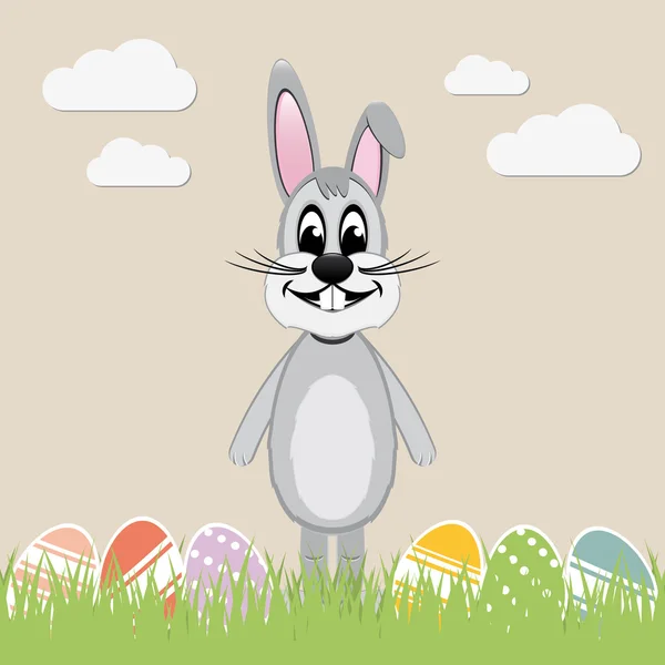Gray easter bunny lawn and colorful eggs — Stock Vector