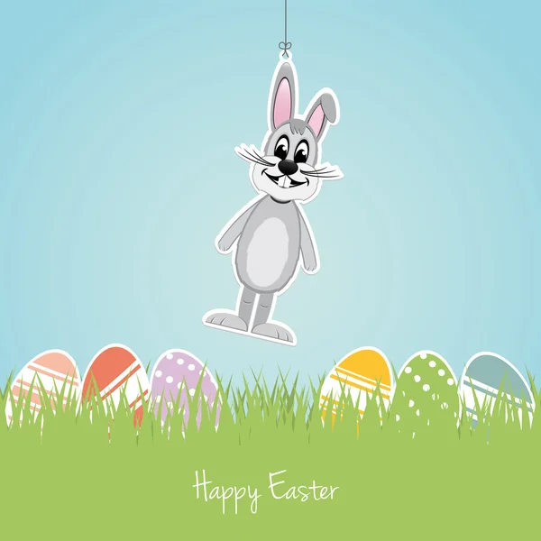 Feliz Pascua gris conejito coloridos huevos hierba — Vector de stock