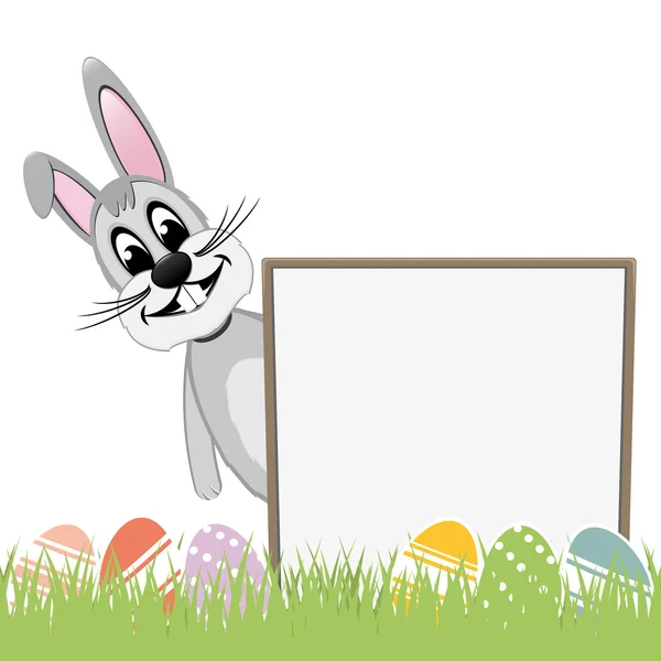 Easter bunny behind signboard colorful eggs — Stock Vector