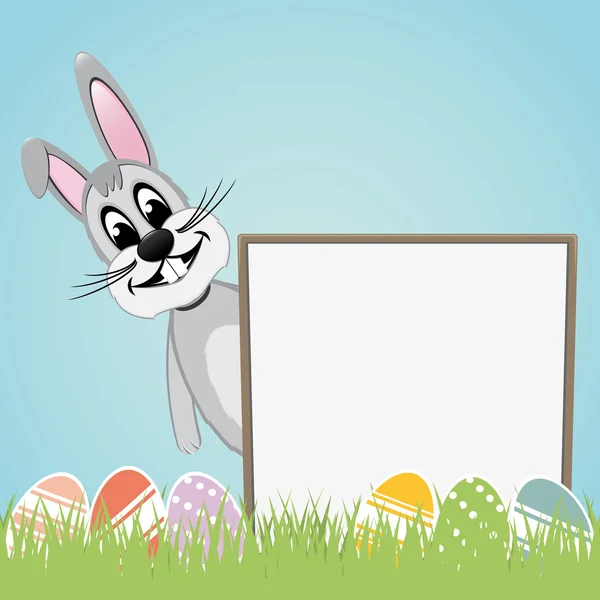 Easter bunny behind signboard colorful eggs — Stock Vector