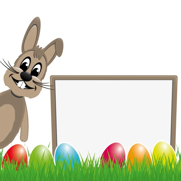 Easter bunny behind signboard colorful eggs — Stock Vector