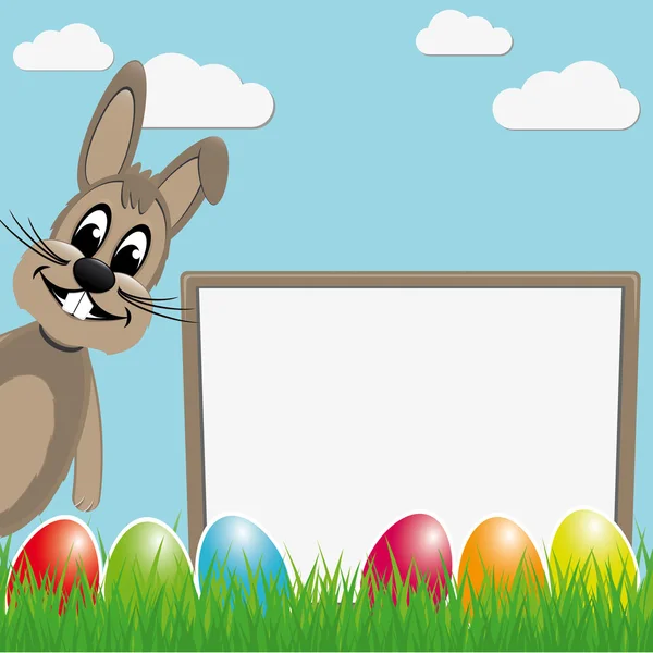 Lapin de Pâques derrière panneau oeufs colorés — Image vectorielle