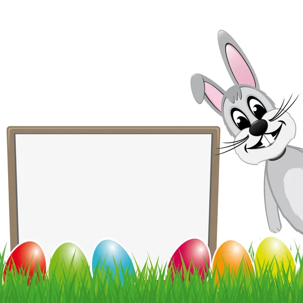 Easter bunny behind signboard colorful eggs — Stock Vector