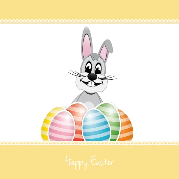 Feliz Pascua conejito colorido huevos amarillo fondo — Vector de stock
