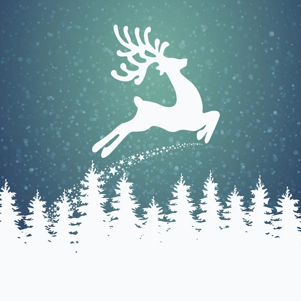 Reindeer fly winter background stars and snow — Stock Vector