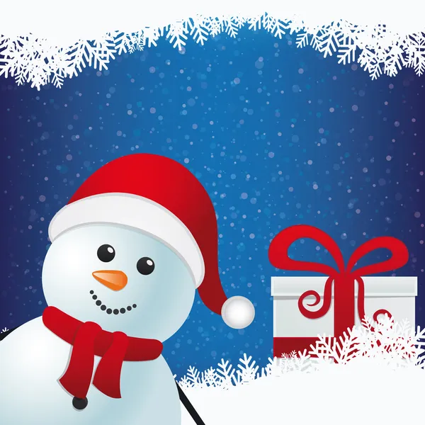 Sneeuwpop en cadeau winter besneeuwde achtergrond — Stockvector