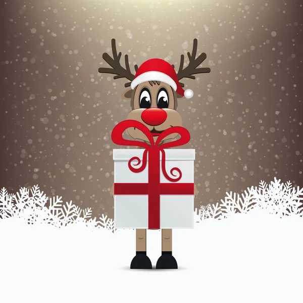 Reindeer gift winter snowy background — Stock Vector