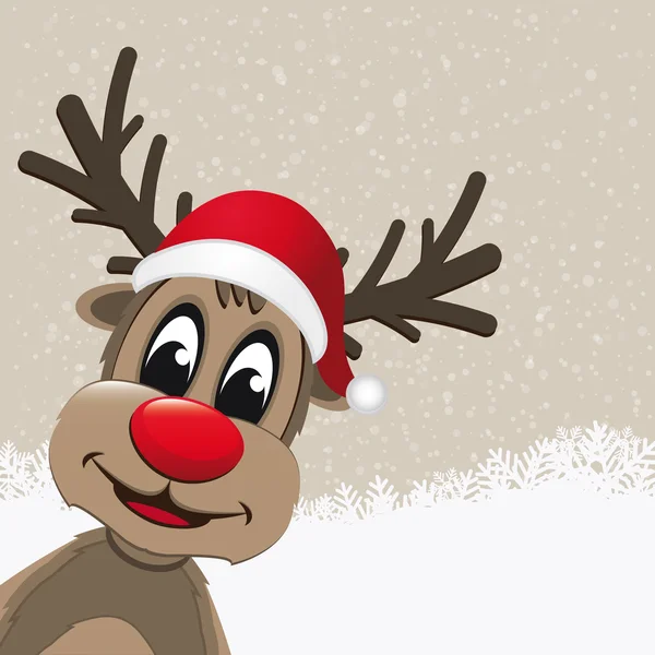 Kerst rendieren met rode neus besneeuwde achtergrond — Stockvector