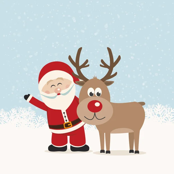 Santa claus and reindeer snowy background — Stock Vector