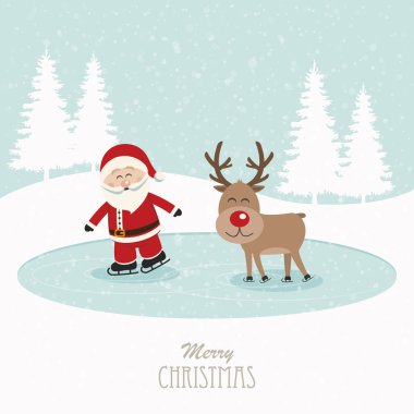 Ren geyiği ve Santa paten buz karlı zemin üzerine