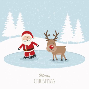 Ren geyiği ve Santa paten buz karlı zemin üzerine