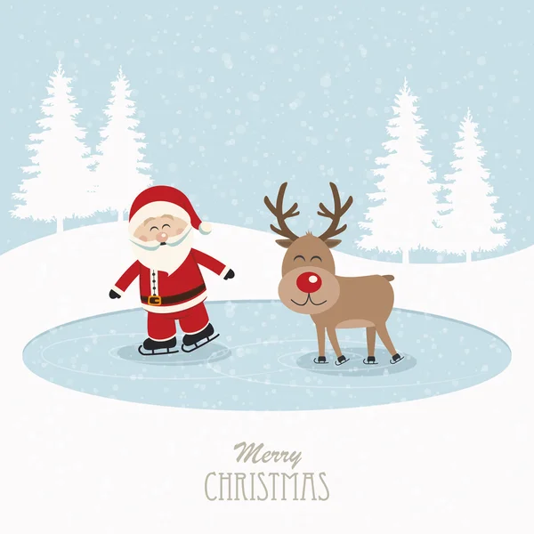 Santa and reindeer skate on ice snowy background — Stock Vector