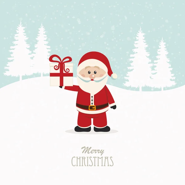 Santa claus hold christmas gift snowy background — Stock Vector