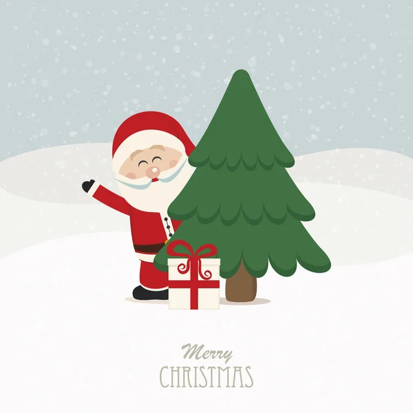 Santa vague derrière arbre fond neigeux — Image vectorielle
