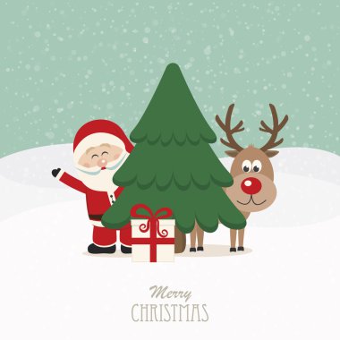 Noel Baba ve Noel ağacı karlı arka plan arkasında Ren geyiği