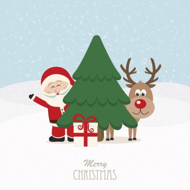 Noel Baba ve Noel ağacı karlı arka plan arkasında Ren geyiği