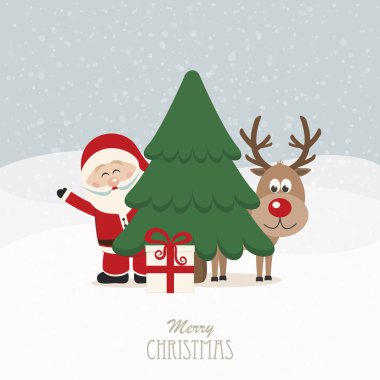 Noel Baba ve Noel ağacı karlı arka plan arkasında Ren geyiği