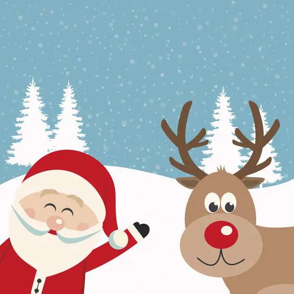 Santa claus and reindeer snowy background — Stock Vector