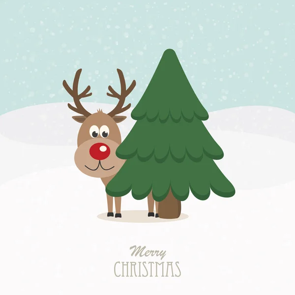 Reindeer red nose behind tree snowy background — Stock Vector