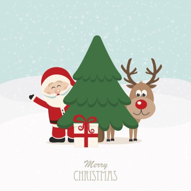 Noel Baba ve Noel ağacı karlı arka plan arkasında Ren geyiği