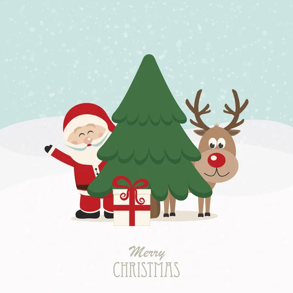 Santa y renos detrás del árbol de navidad fondo nevado — Vector de stock